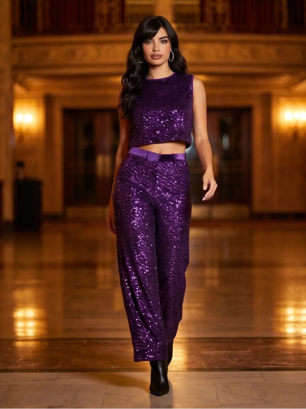 ASOS DESIGN Purple Sequin velvet wide leg high rise sleeveless pants top set LG